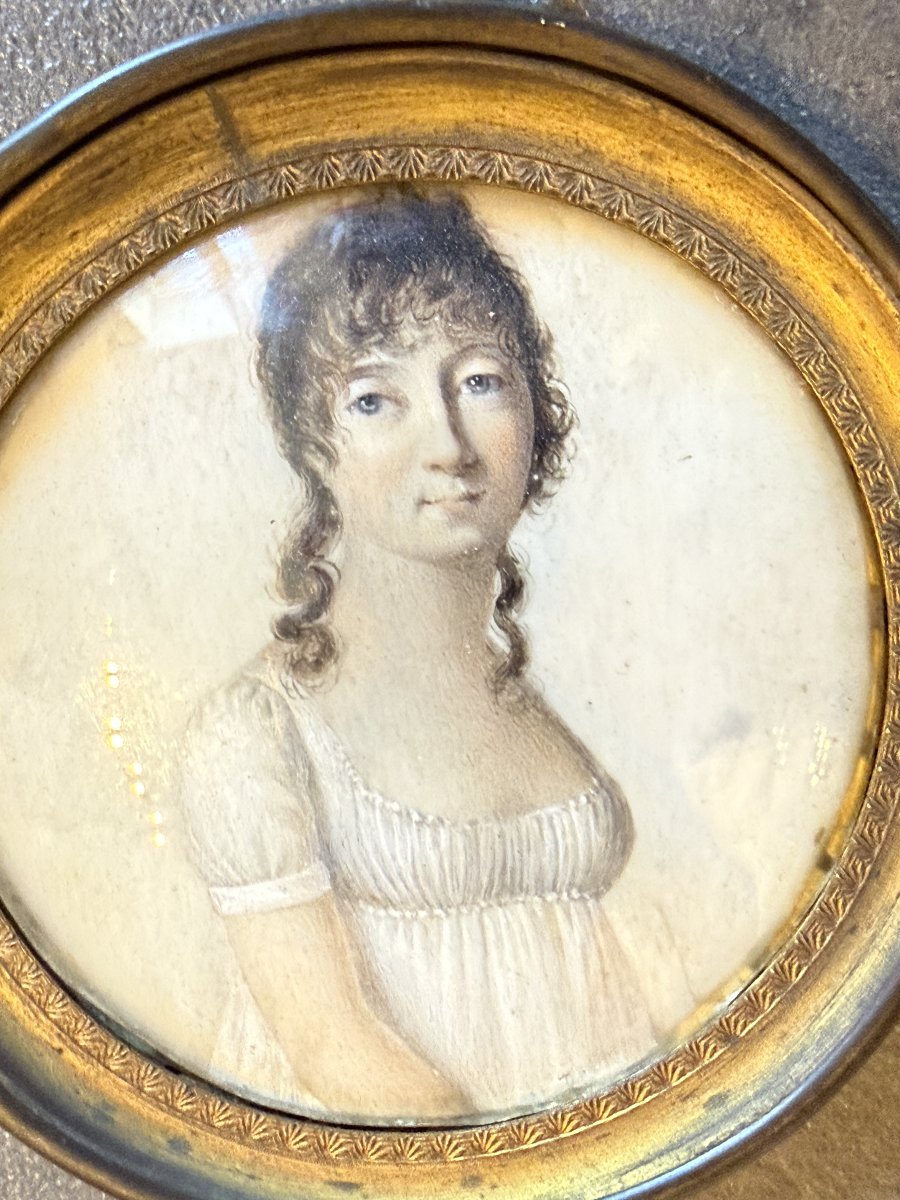 Miniature époque premier empire jeune femme en robe blanche début XIXème-photo-2