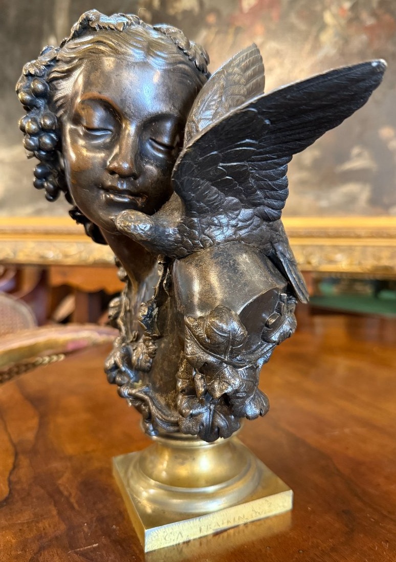 Sculpture bronze jeune fille à la colombe par C A Fraikin Daubrée fondeur milieu XIXème-photo-2