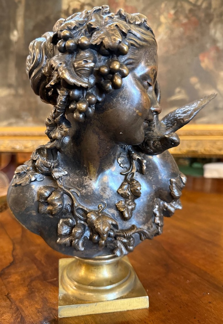 Sculpture bronze jeune fille à la colombe par C A Fraikin Daubrée fondeur milieu XIXème-photo-2