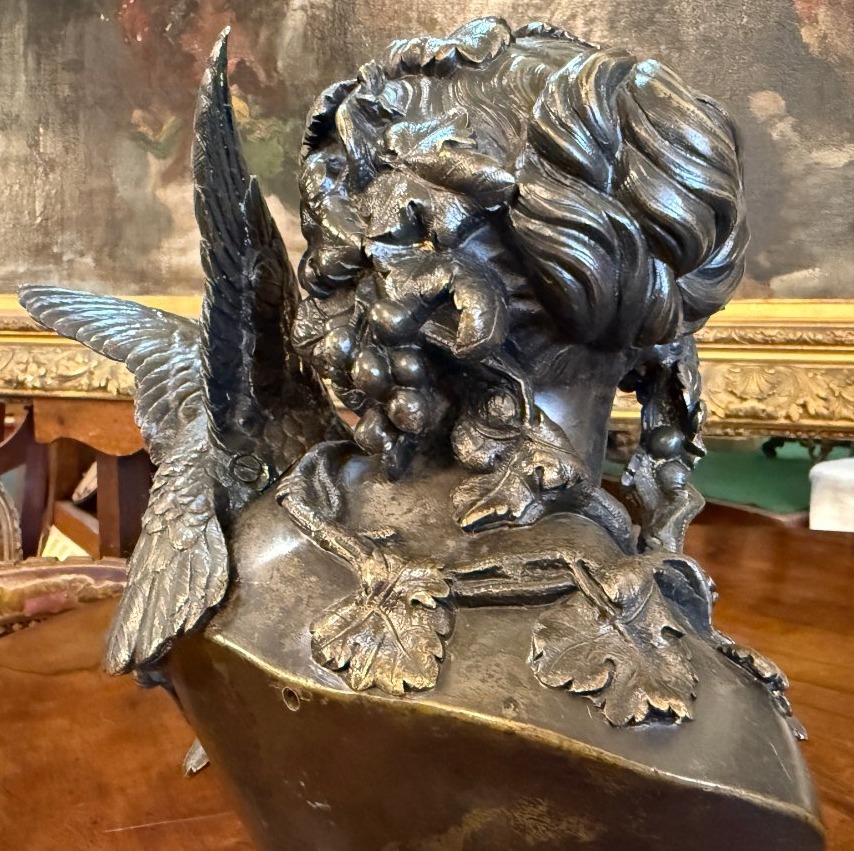 Sculpture bronze jeune fille à la colombe par C A Fraikin Daubrée fondeur milieu XIXème-photo-5