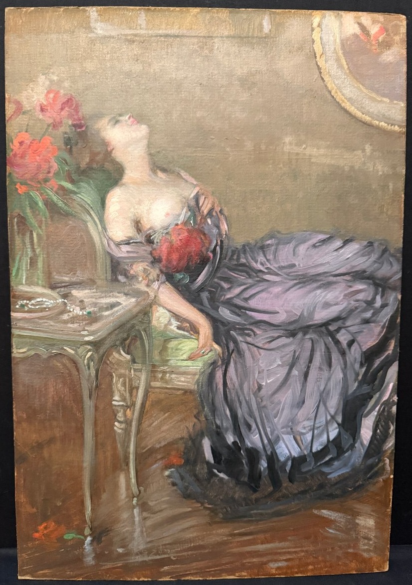 Tableau jeune femme alanguie au sein nu  par le peintre américain Ernest Tower ROSEN vers 1900-photo-2