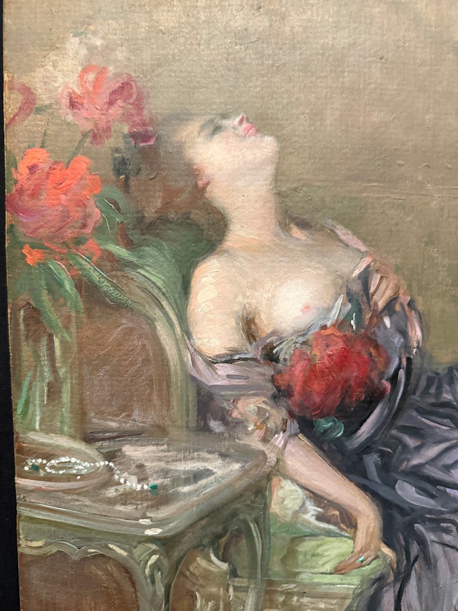 Tableau jeune femme alanguie au sein nu  par le peintre américain Ernest Tower ROSEN vers 1900-photo-3