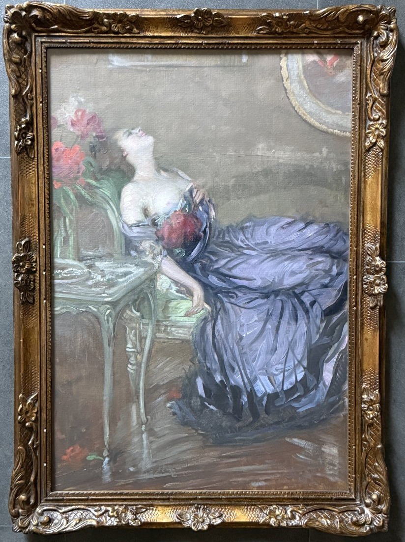 Tableau jeune femme alanguie au sein nu  par le peintre américain Ernest Tower ROSEN vers 1900