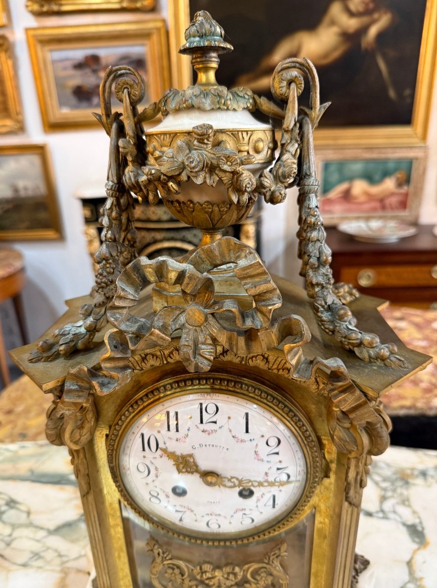 Important Gilded Bronze And Marble Clock Garniture  By Constantin-louis Detouche, Circa 1850-photo-3
