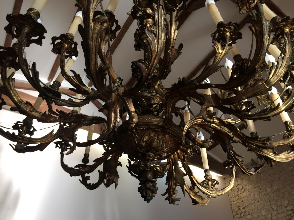 Important Lustre Louis XV Bronze Doré Napoléon III XIXème-photo-4