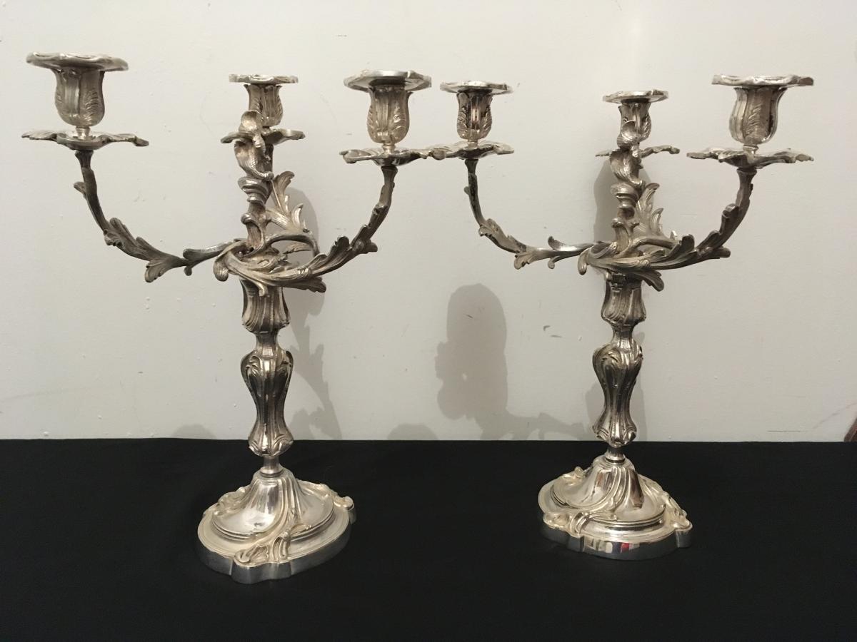 Pair Of Chandeliers Candelabra In Silver Bronze