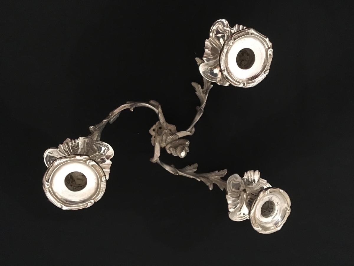 Pair Of Chandeliers Candelabra In Silver Bronze-photo-3