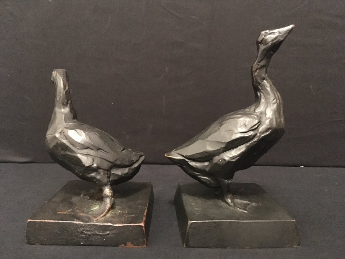 C F Korthals « Oies » Paire De Serre Livres Art Déco En Bronze -photo-6