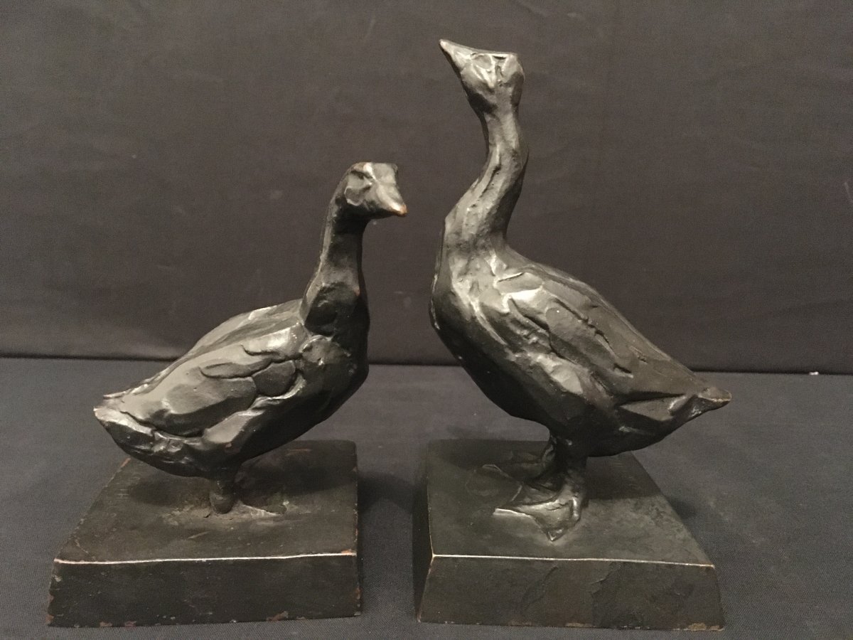 C F Korthals « Oies » Paire De Serre Livres Art Déco En Bronze 