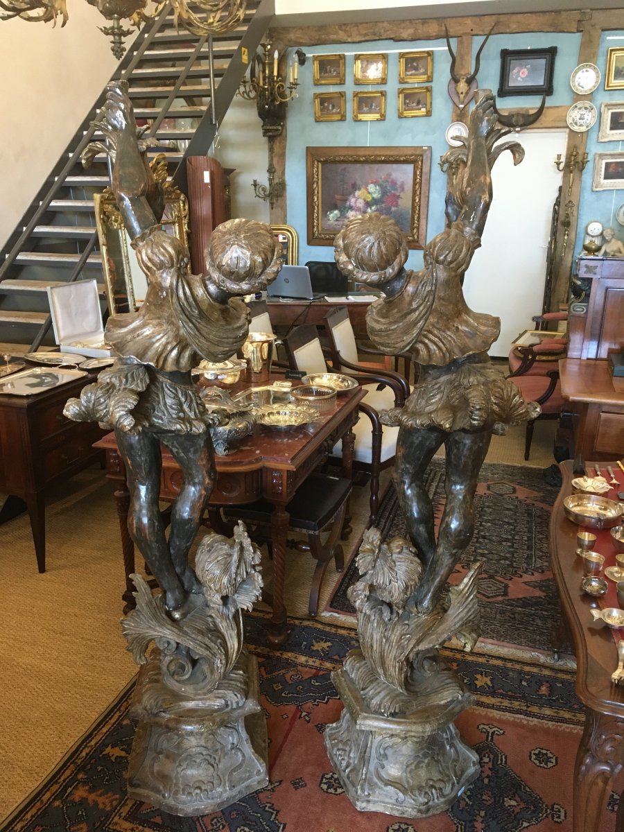 Paire De Porte-torchères Bois Doré Aux Nubiens Venise XIXème-photo-2