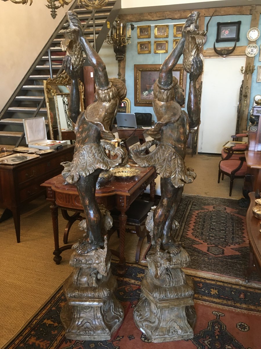 Paire De Porte-torchères Bois Doré Aux Nubiens Venise XIXème-photo-3