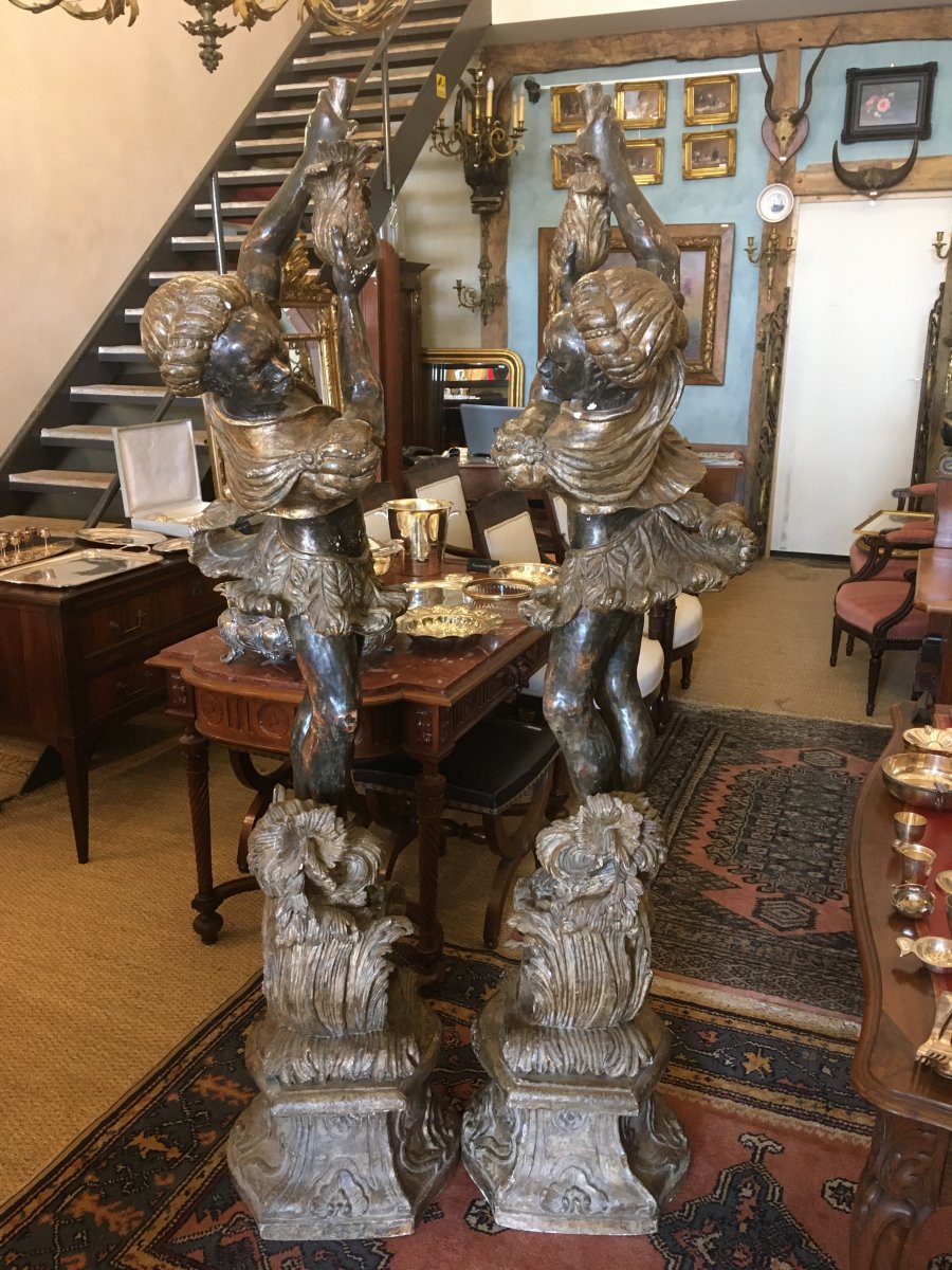 Paire De Porte-torchères Bois Doré Aux Nubiens Venise XIXème-photo-4