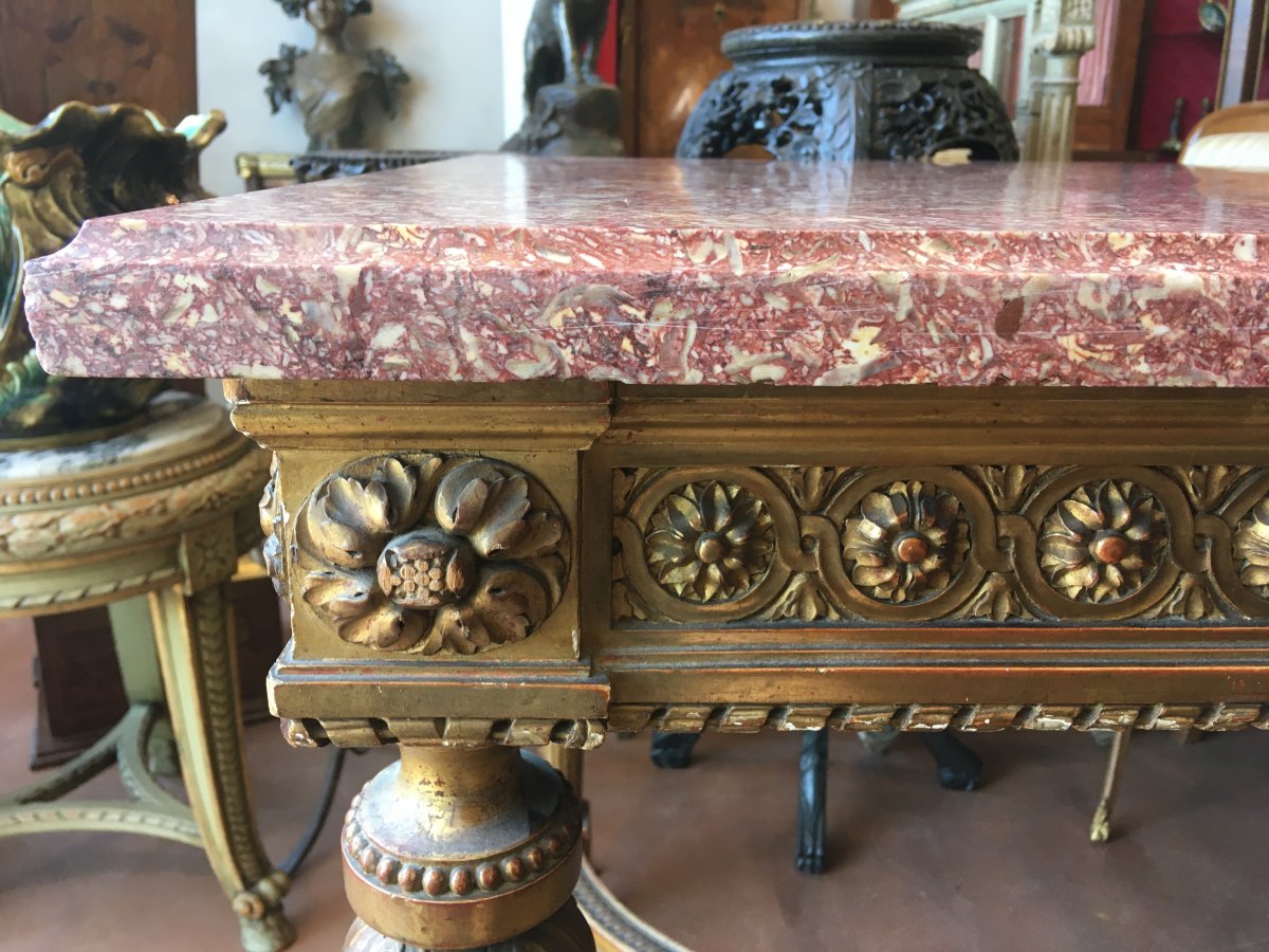 Middle Table Golden Wood Top Red Marble Nineteenth.-photo-3