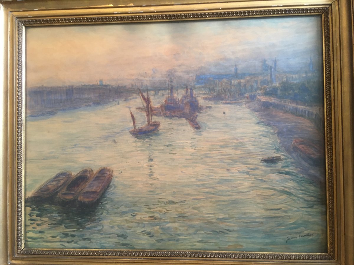 Large Watercolor The Thames In London By Guinier Nineteenth-photo-2