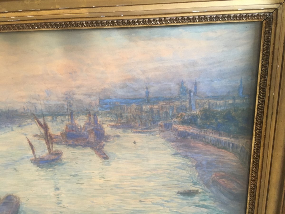 Large Watercolor The Thames In London By Guinier Nineteenth-photo-3