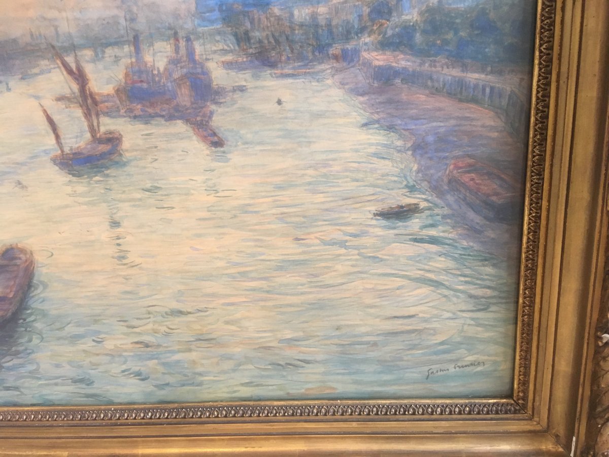 Large Watercolor The Thames In London By Guinier Nineteenth-photo-1