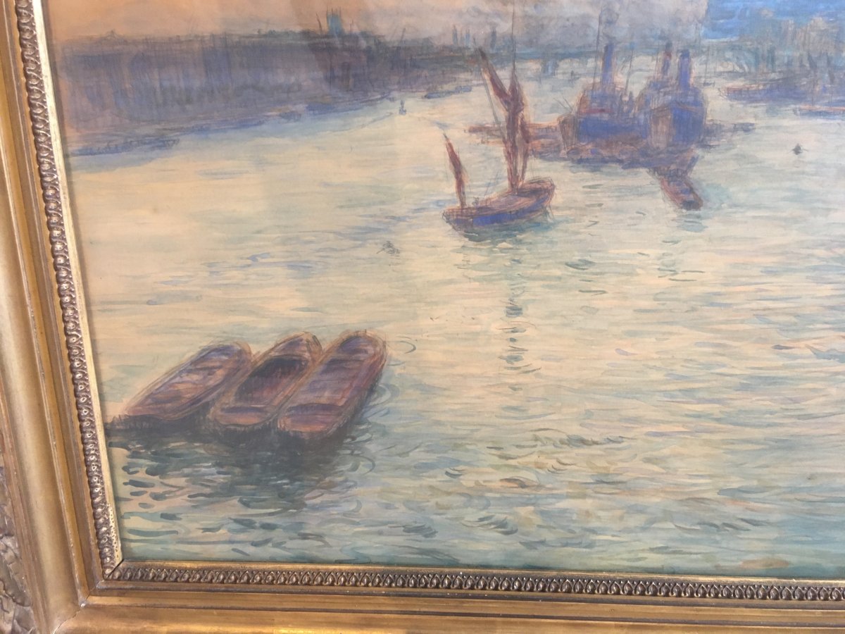 Large Watercolor The Thames In London By Guinier Nineteenth-photo-2