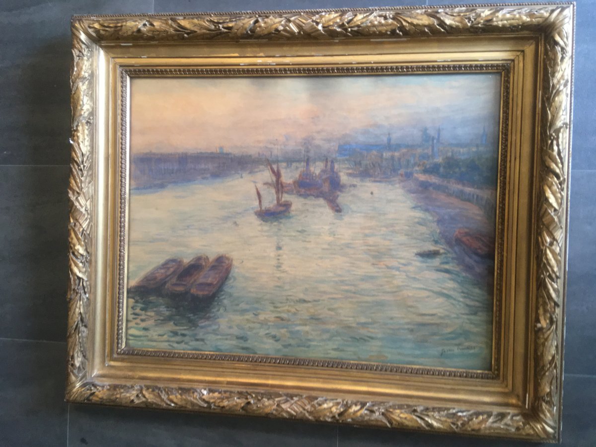 Large Watercolor The Thames In London By Guinier Nineteenth