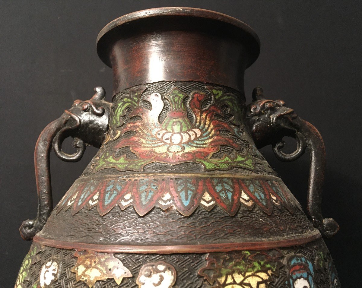 Paire De Vases Bronze émaillé Japon XIXème-photo-3