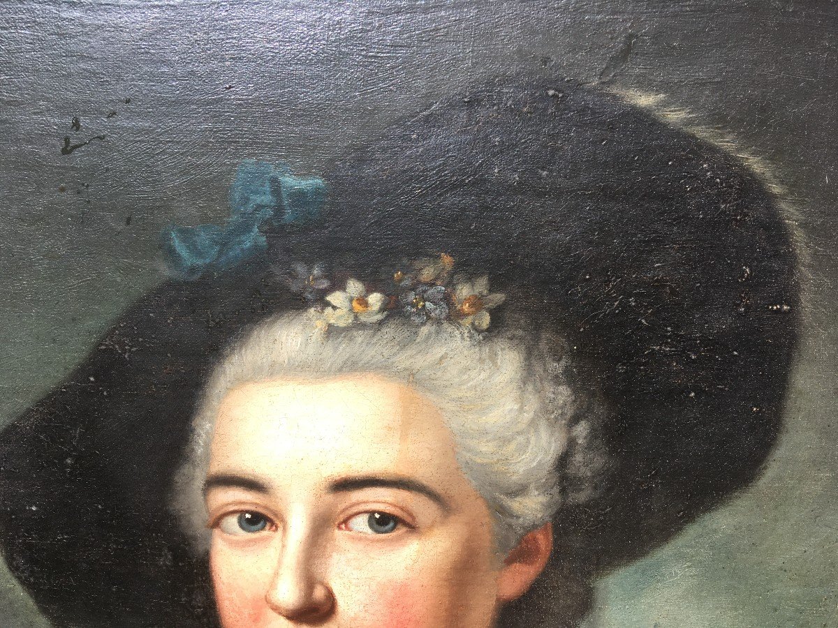 Grand Tableau Portrait Dame De Qualité époque 18ème Dans Son Cadre En Bois Doré-photo-1