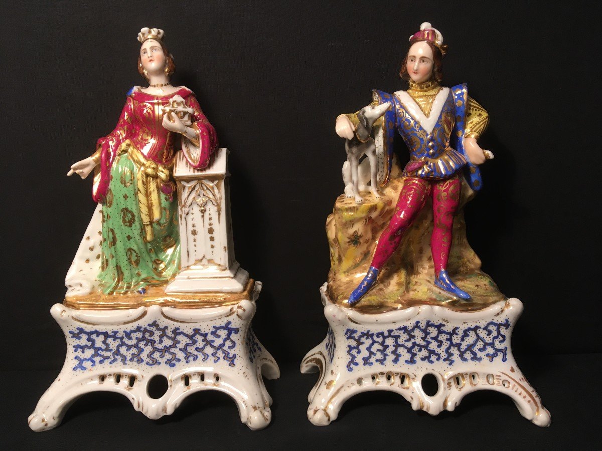 Porcelaine De Paris Couple Style Troubadour Formant Vases Soliflores 