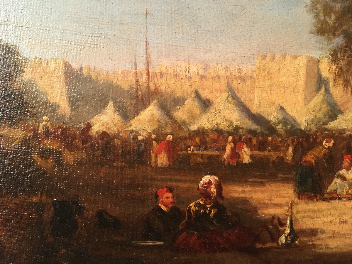 Grand Tableau Orientaliste Scène De Marché XIXème Vers 1830-1840-photo-4