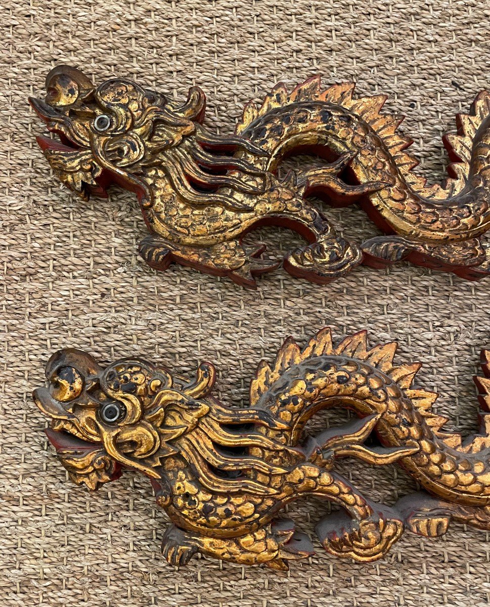 Chine Deux Dragons En Bois Doré Et Laque Rouge XIXème-photo-2