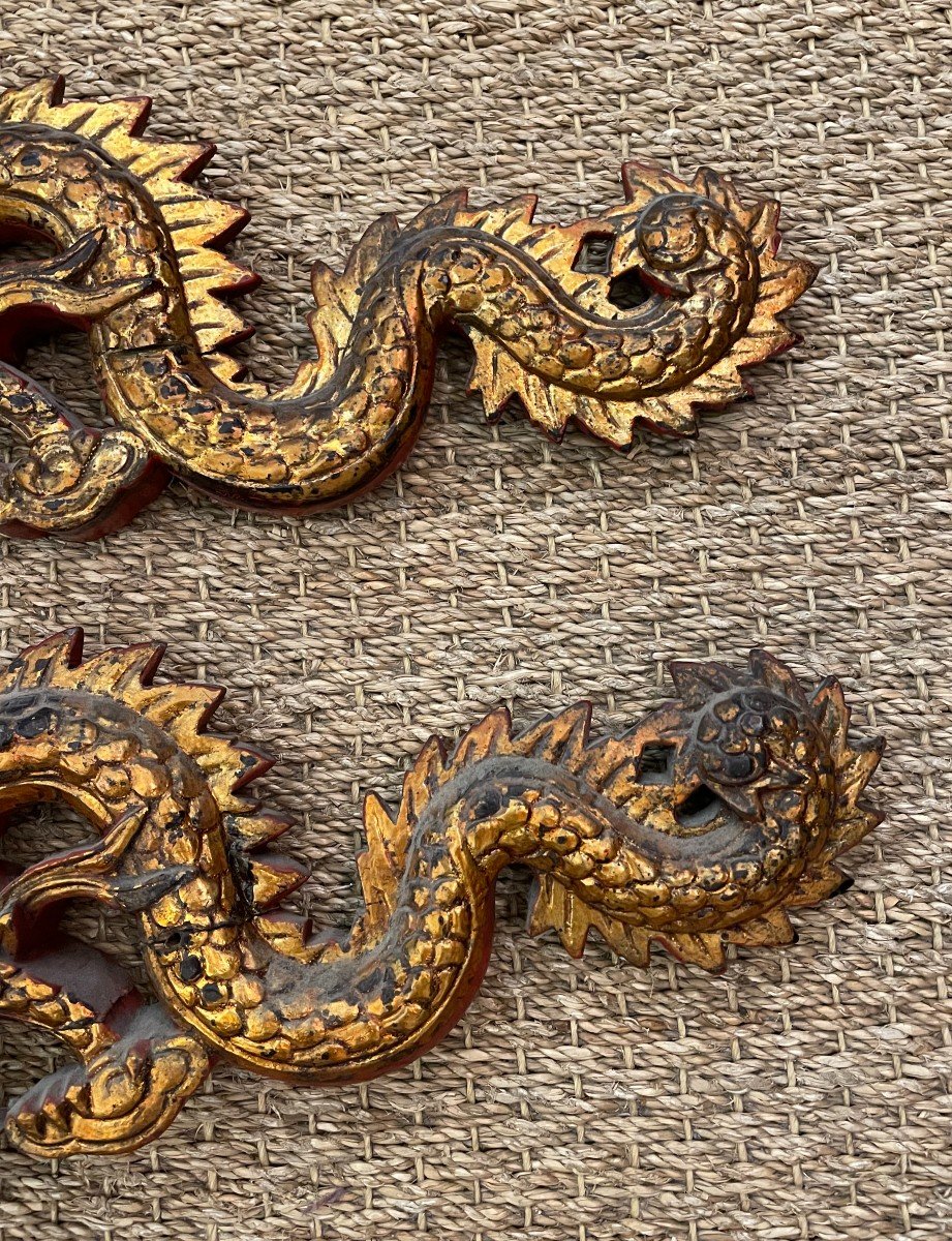 Chine Deux Dragons En Bois Doré Et Laque Rouge XIXème-photo-4