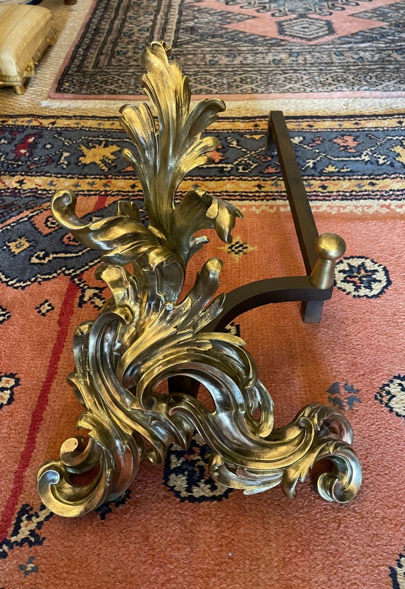 Important Pair Of Bronze Andirons Louis XV Style Rocaille Nineteenth Century-photo-2