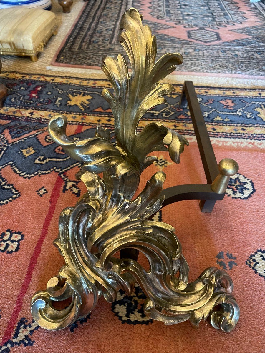 Important Pair Of Bronze Andirons Louis XV Style Rocaille Nineteenth Century-photo-3