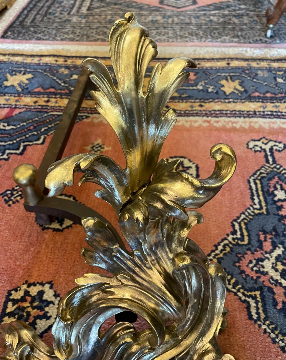 Important Pair Of Bronze Andirons Louis XV Style Rocaille Nineteenth Century-photo-5