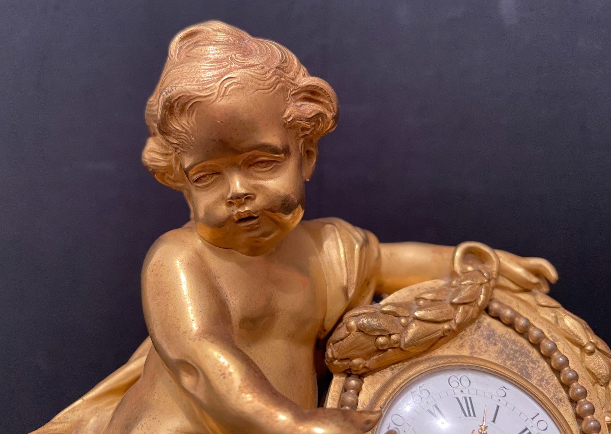 Pendule Montre Bronze Doré Au Bébé Par Denière à Paris XIXème-photo-4