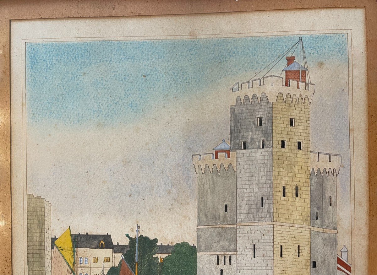 Watercolor La Tour Saint Nicolas In La Rochelle By Gilbert Pajot-photo-3
