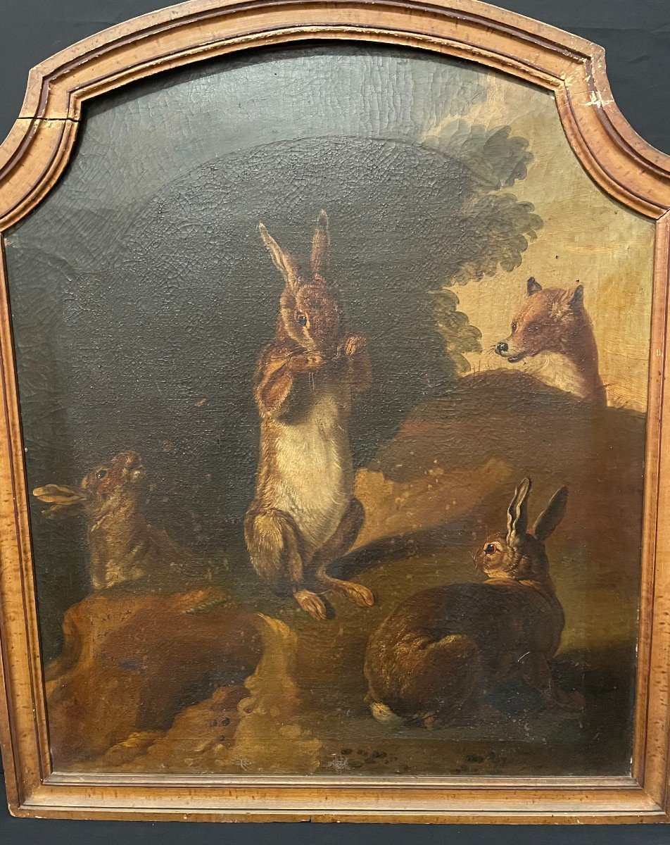 French School Painting Of The Eighteenth Century Hares And Fox In Style Of Desportes-photo-2