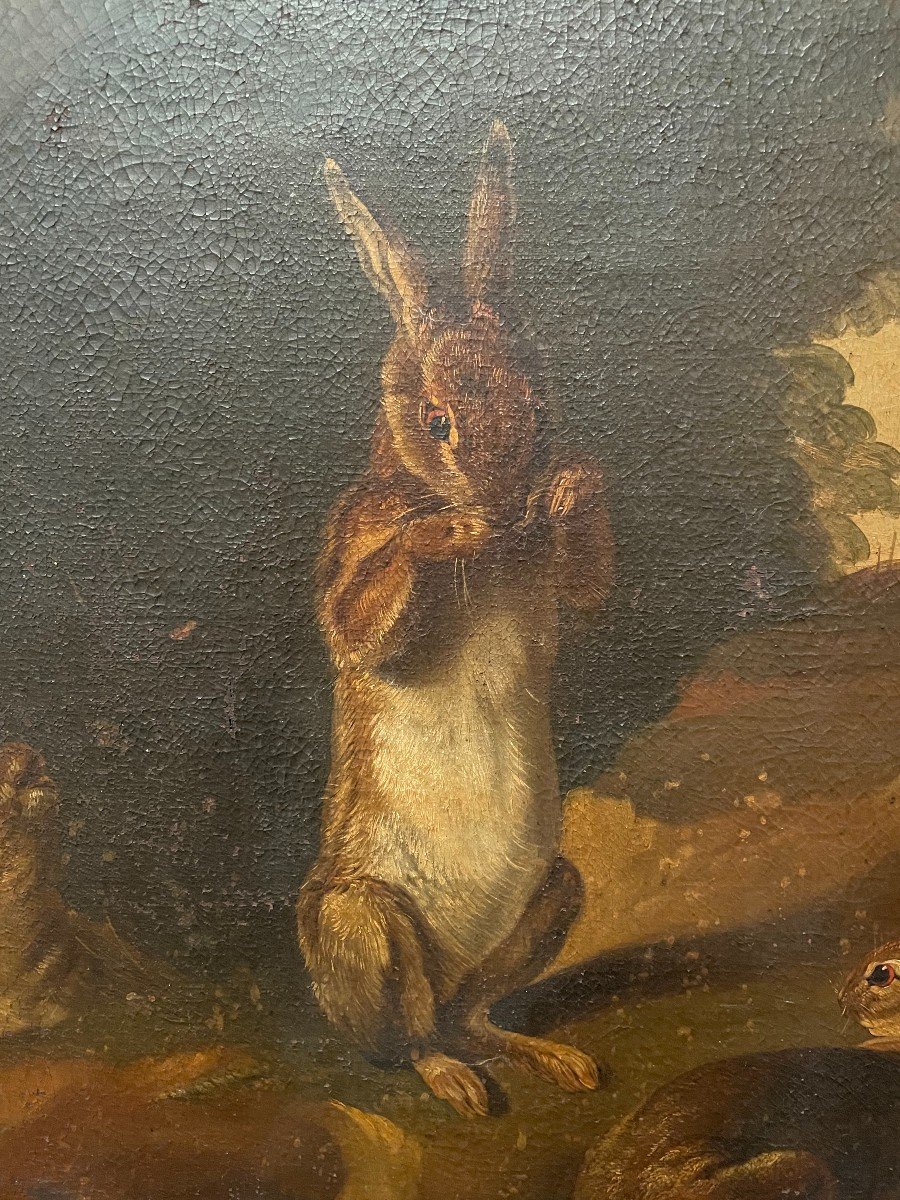 French School Painting Of The Eighteenth Century Hares And Fox In Style Of Desportes-photo-3