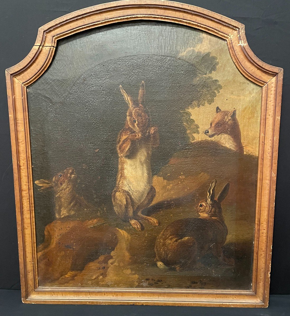 French School Painting Of The Eighteenth Century Hares And Fox In Style Of Desportes