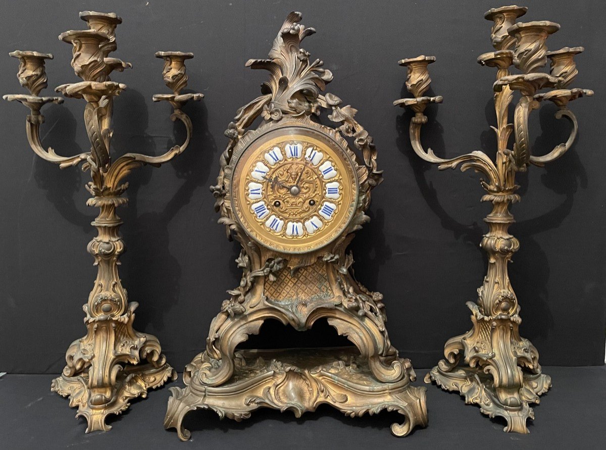 Pendule Et Candélabres Garniture De Cheminée Louis XV Rocaille En Bronze Doré Napoléon III