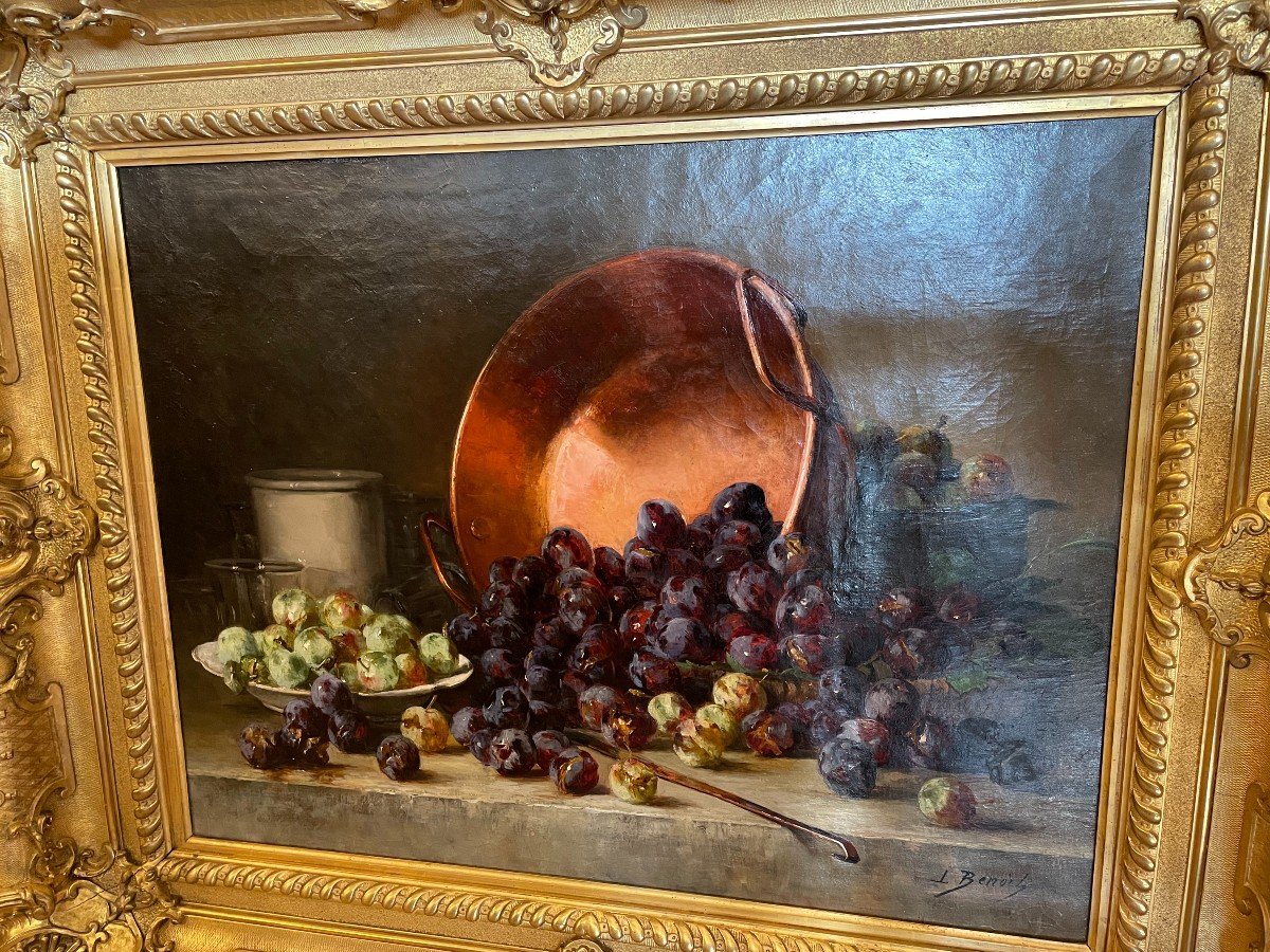Large Painting Still Life With Plums By Léon Marie Benoit In An Spectacular Rocaille Setting-photo-2