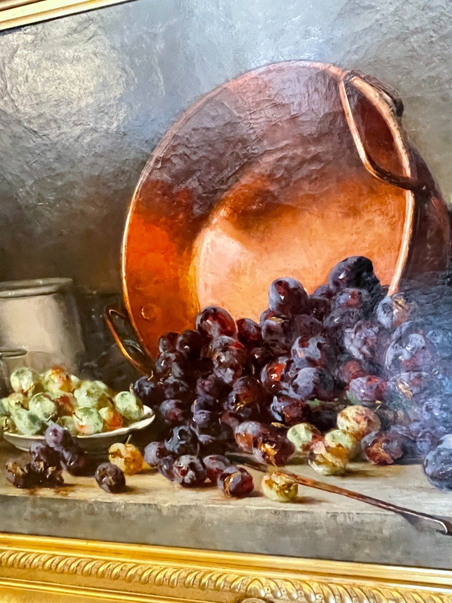 Large Painting Still Life With Plums By Léon Marie Benoit In An Spectacular Rocaille Setting-photo-4