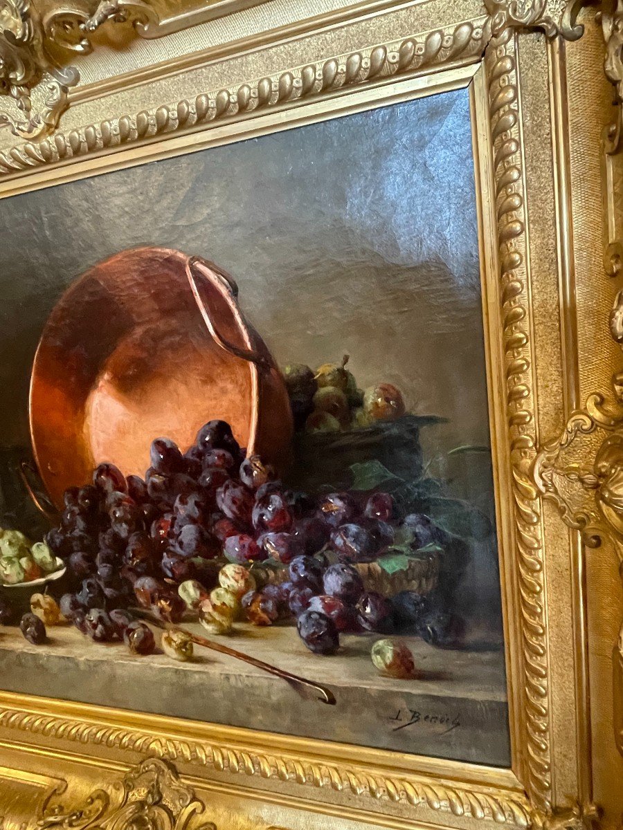 Large Painting Still Life With Plums By Léon Marie Benoit In An Spectacular Rocaille Setting-photo-1