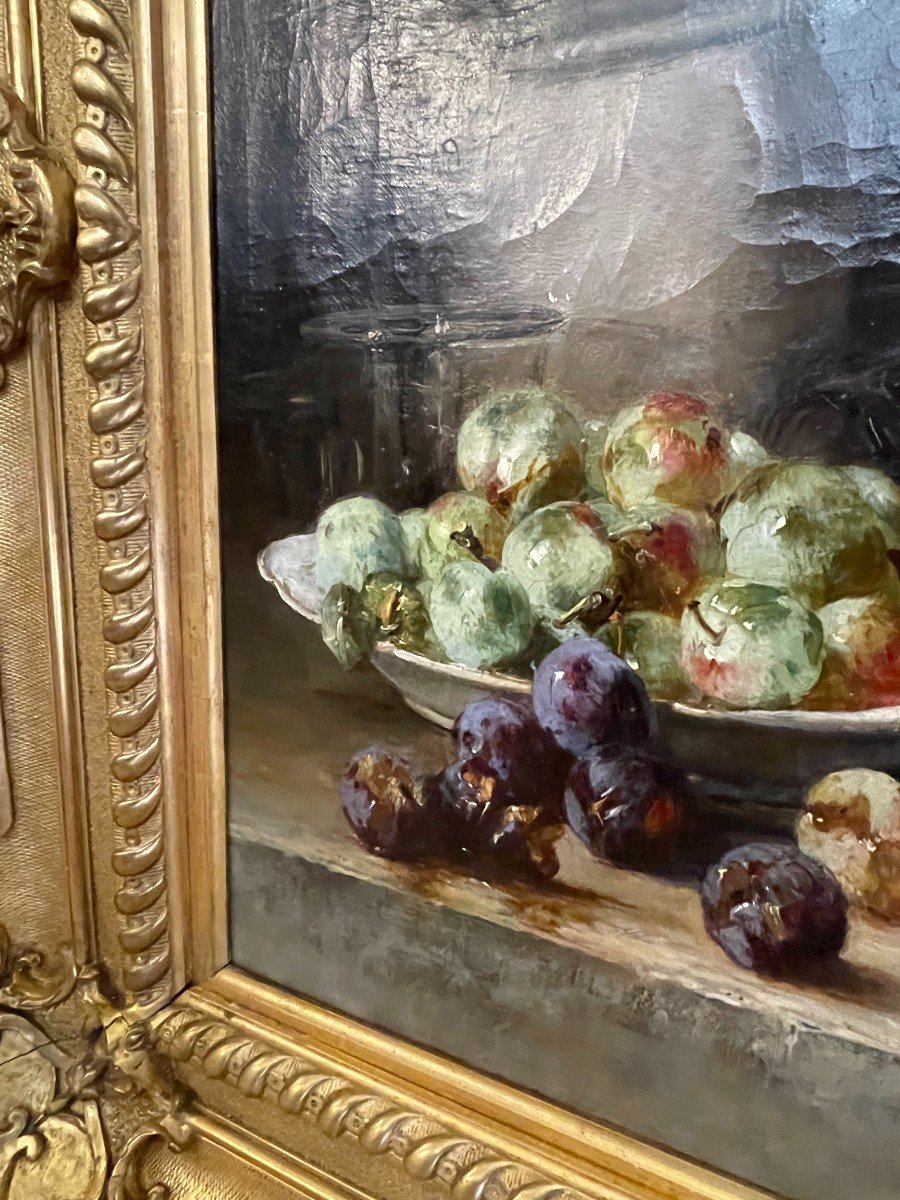 Large Painting Still Life With Plums By Léon Marie Benoit In An Spectacular Rocaille Setting-photo-2