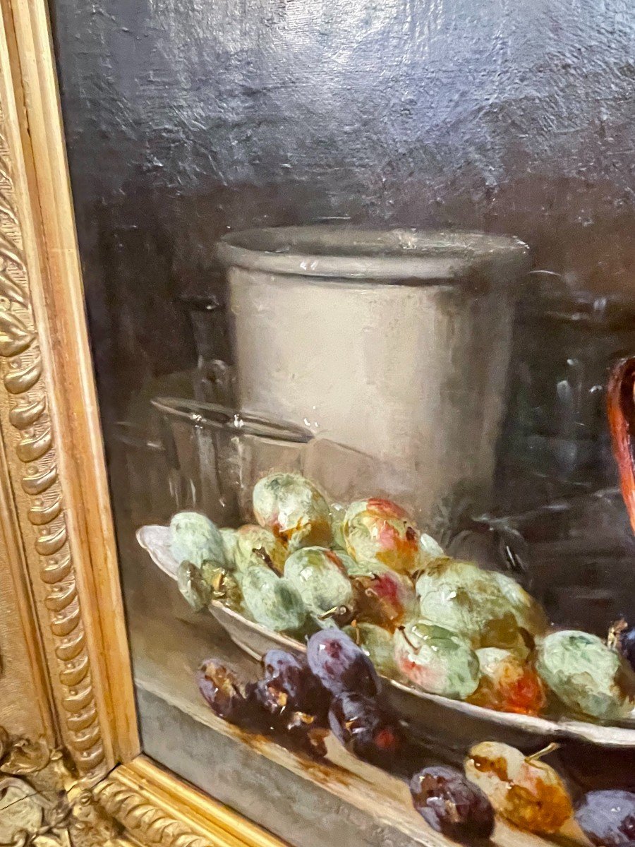 Large Painting Still Life With Plums By Léon Marie Benoit In An Spectacular Rocaille Setting-photo-3