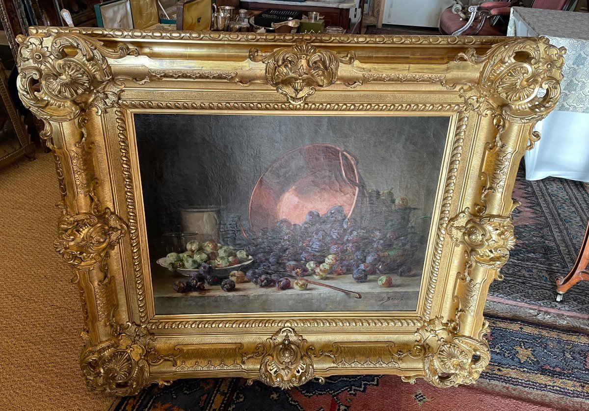 Large Painting Still Life With Plums By Léon Marie Benoit In An Spectacular Rocaille Setting