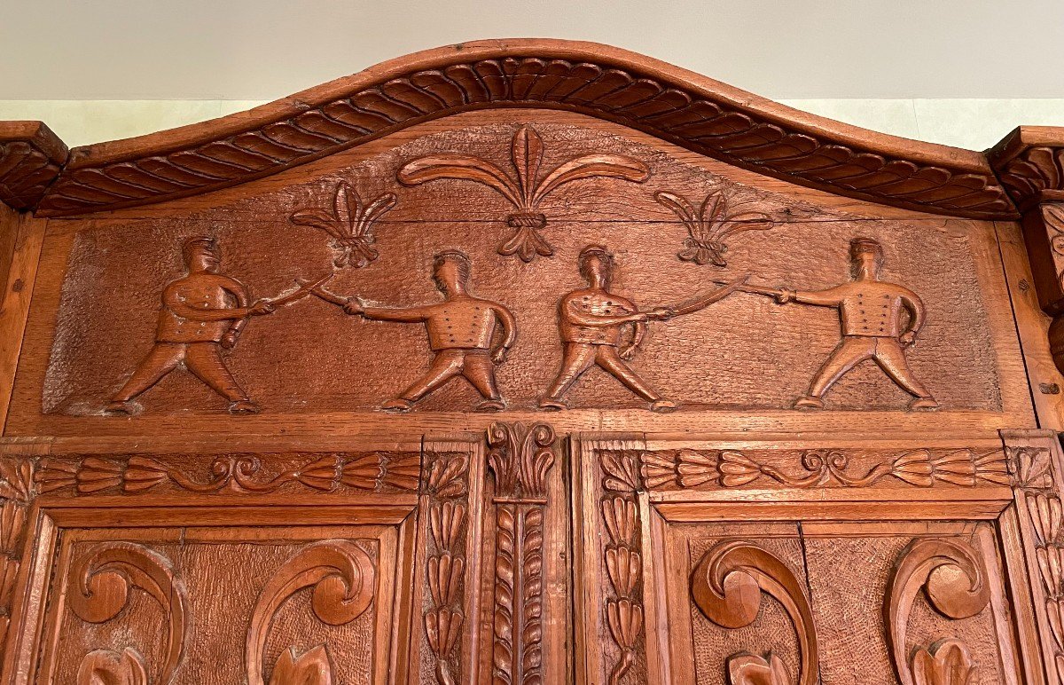 Small Buffet Carved From Sailors Fighting With Sword And Lily Flowers Folk Art XVIII-photo-7