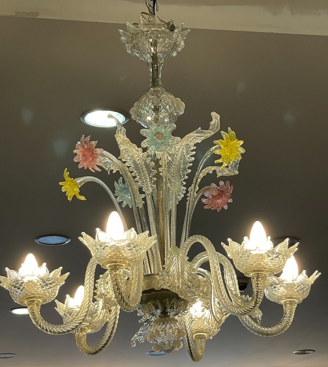 Venice Italy Murano Chandelier In White Glass And Pastel Tone