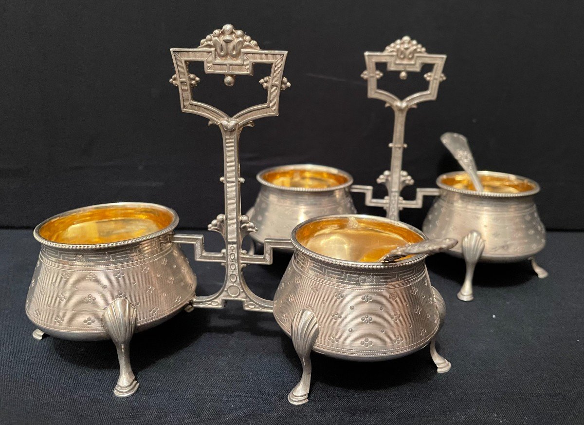 Silver And Vermeil Condiment Service Including A Cruet, Two Salarons And A Mustard Dish-photo-3
