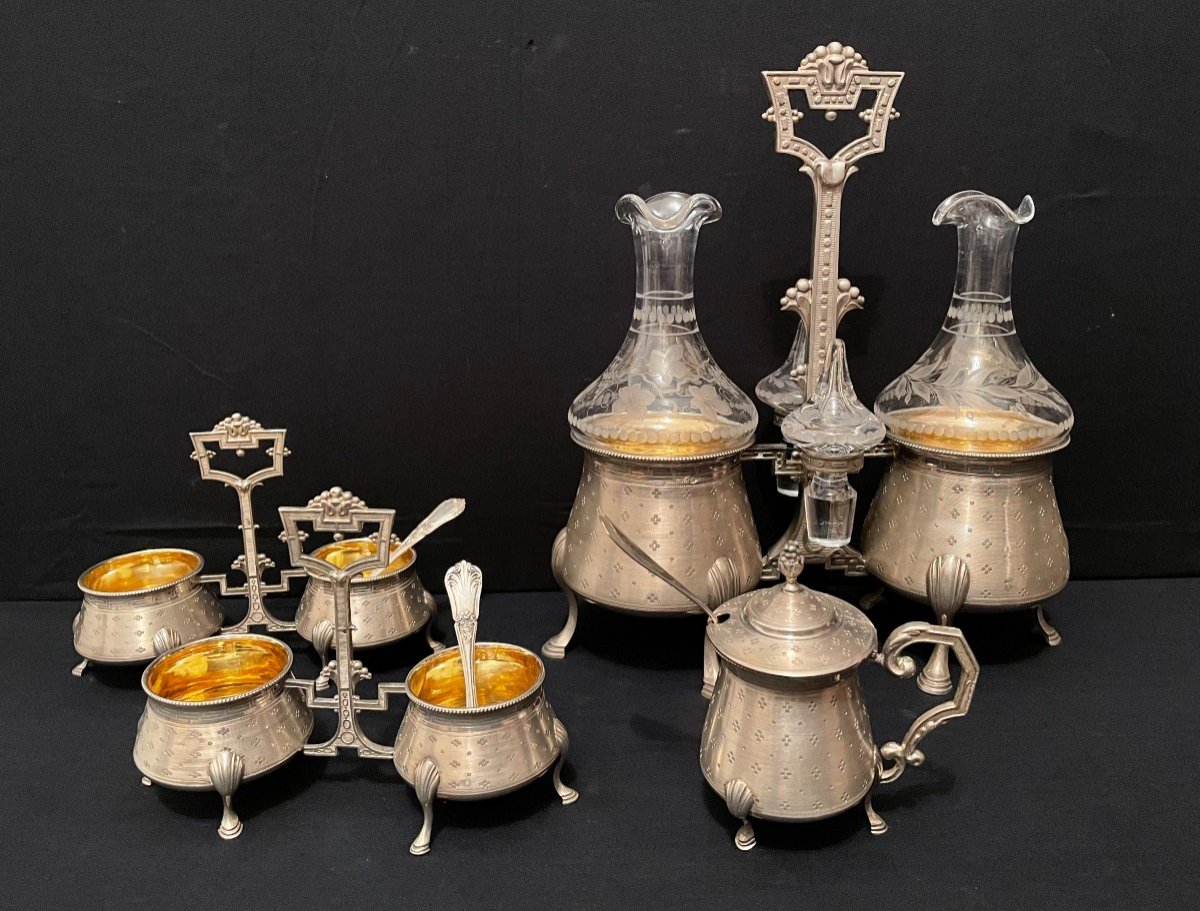 Silver And Vermeil Condiment Service Including A Cruet, Two Salarons And A Mustard Dish