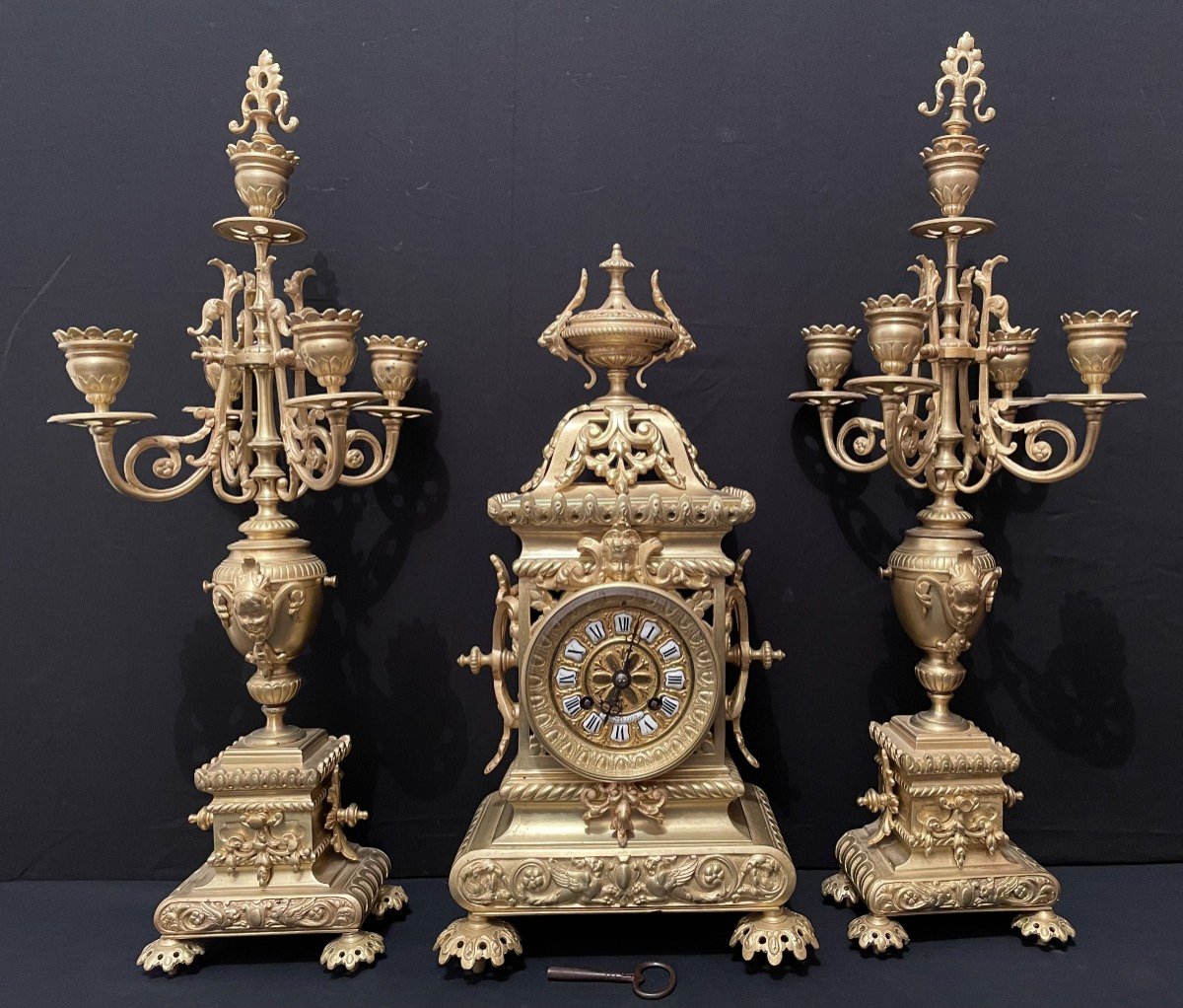 Pendulum And Chandeliers Gilt Bronze Neo-gothic Nineteenth Century