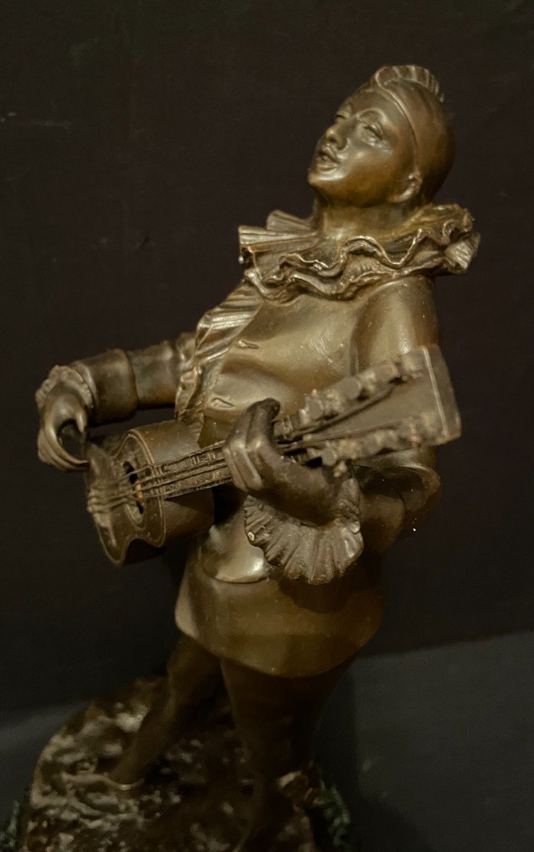 Pierrot Bronze Statue With Mandoline By Louis Mascré Circa 1900-photo-2