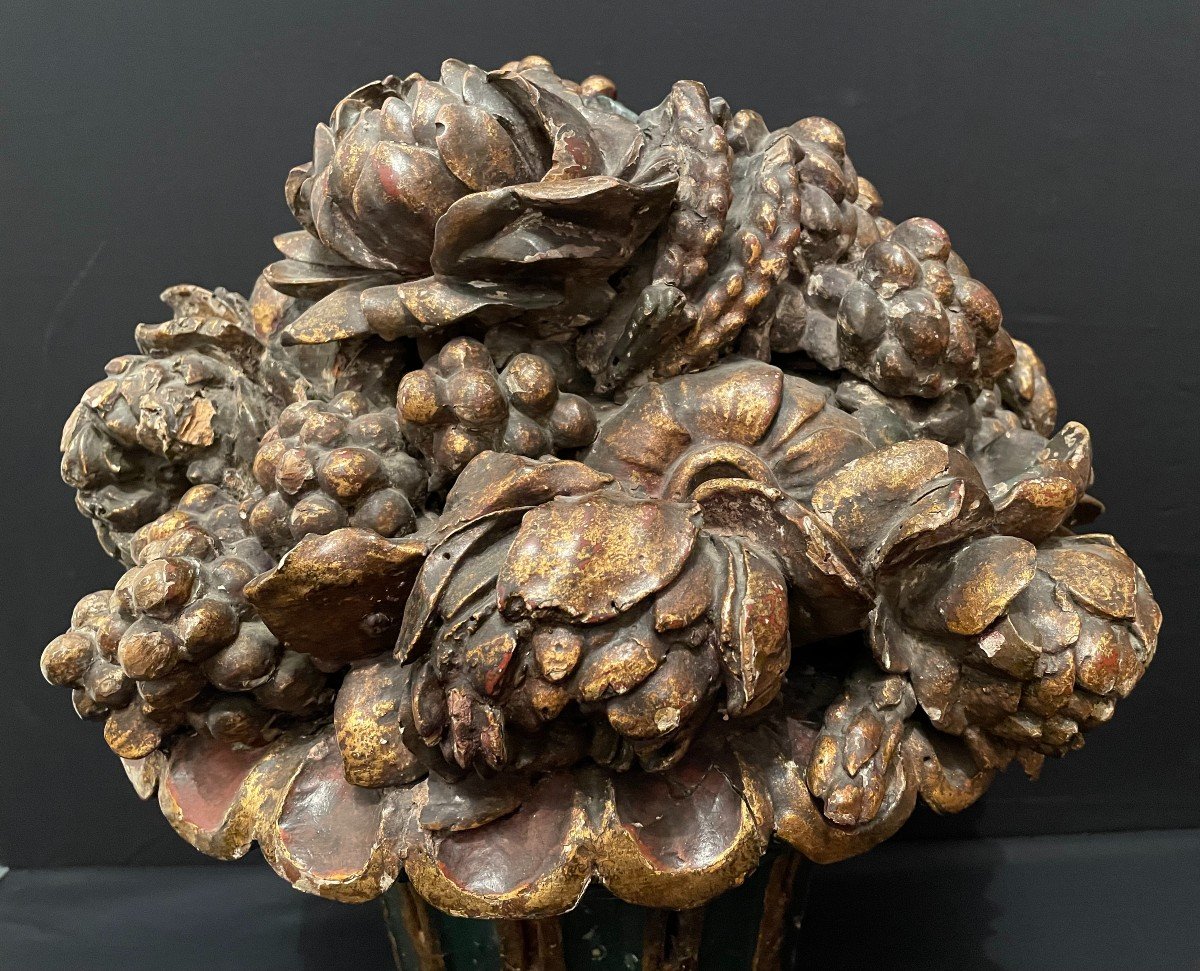 Importante Corbeille De Fruits Et Fleurs En Bois Sculpté Fin XVIIème-photo-2